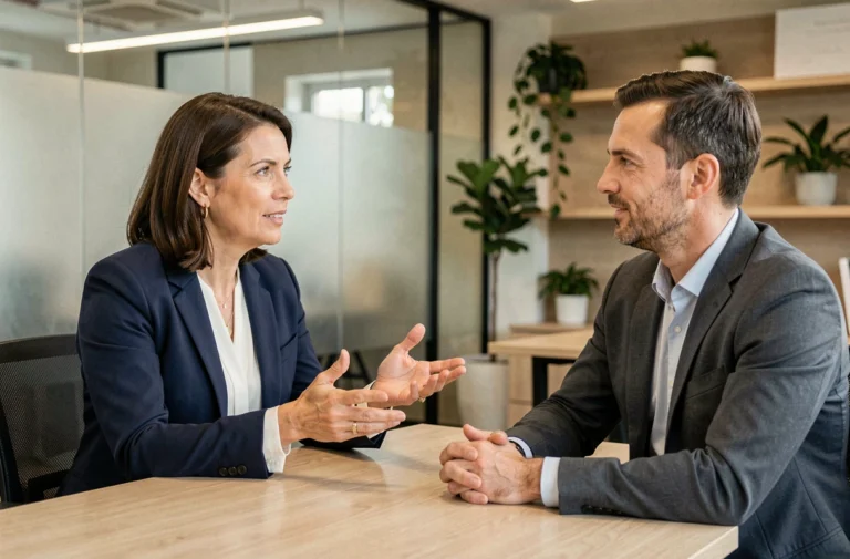 Coach professionnelle accompagnant un collaborateur lors d'une séance de coaching en entreprise pour améliorer la qualité de vie au travail