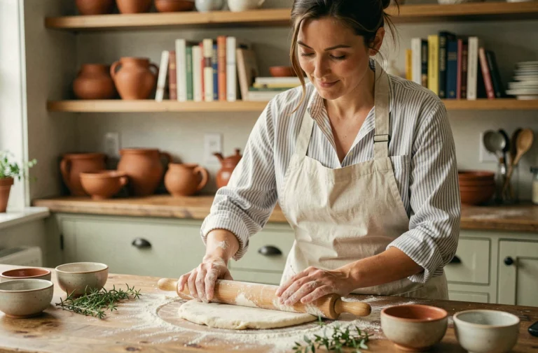 Femme qui prépare de la pâtisserie dans une cuisine chaleureuse, activité de loisir créatif et culinaire