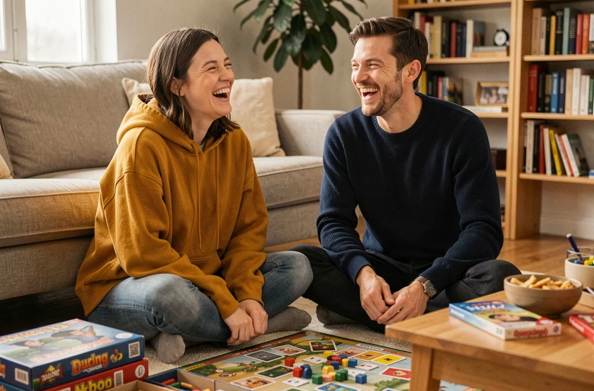 Deux amis jouant à des jeux de société dans un salon confortable, idée de loisir convivial et détente à la maison
