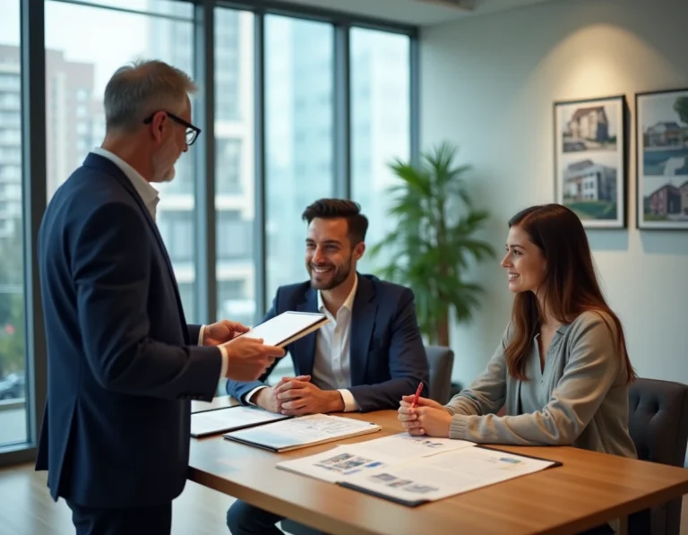 Agent immobilier présentant un contrat de bail à un jeune couple dans une agence immobilière moderne