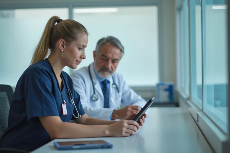 Assistante médicale en blouse navy avec docteur à l'écran
