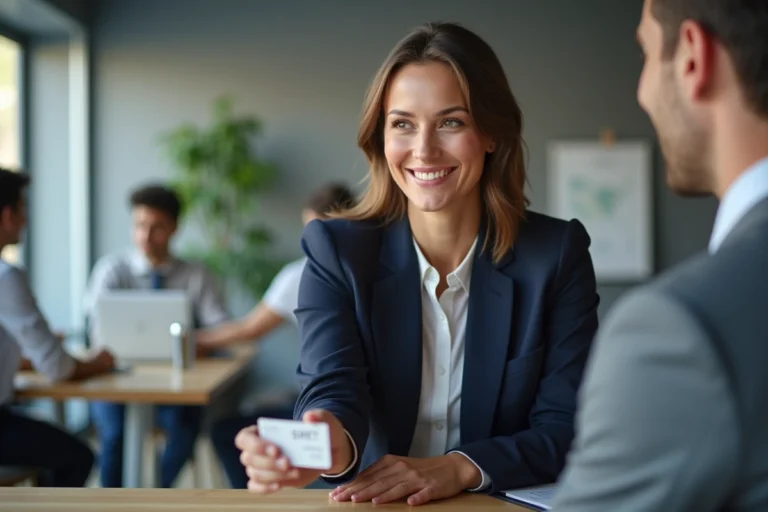 Femme d'affaires tendant une carte de visite professionnelle avec numéro SIRET dans un bureau moderne