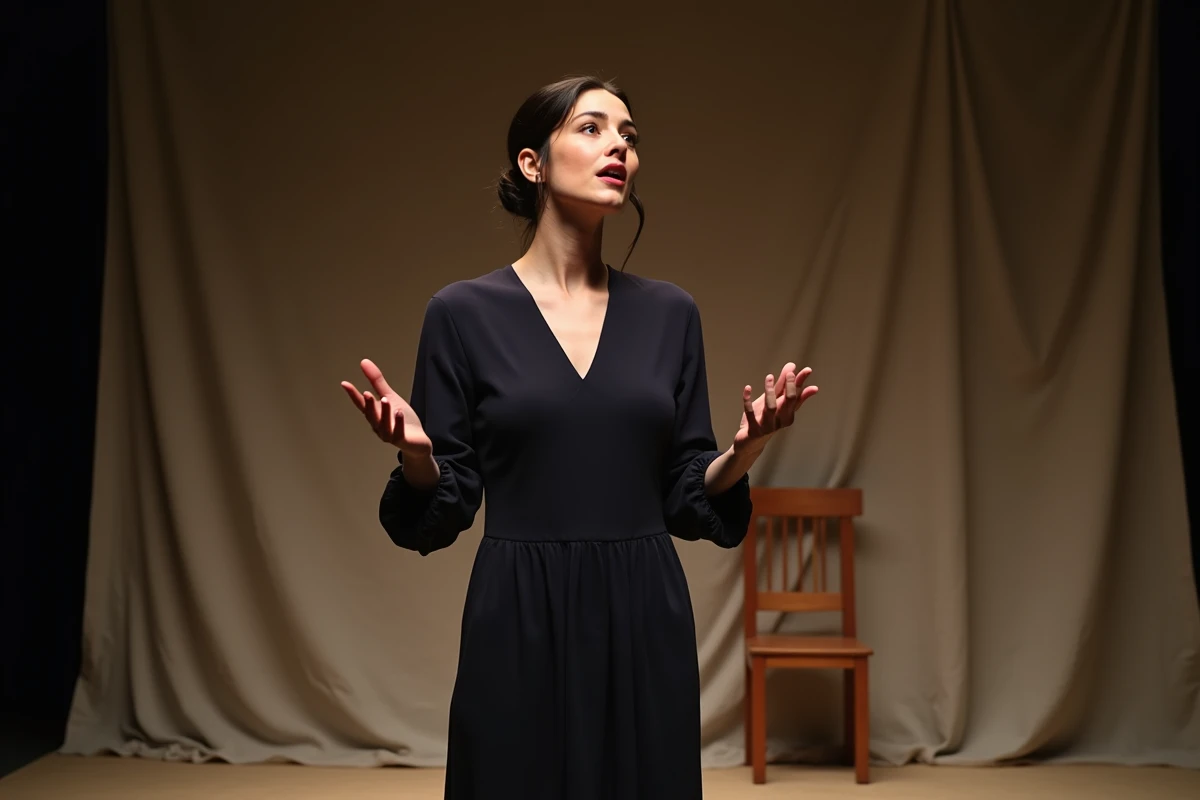 Clara Pésery en représentation sur scène dans un théâtre intimiste, capturée en pleine interprétation dramatique