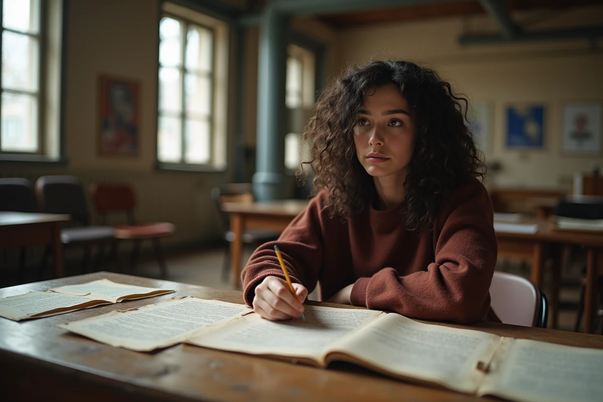 Artiste française en session de travail créatif autour d'un texte de théâtre dans un studio de répétition parisien