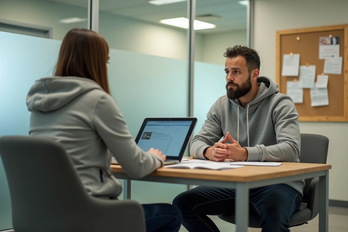 Homme en rendez-vous avec un conseiller logement social pour contester un refus d'attribution