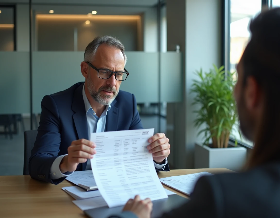 Conseiller bancaire expliquant les taux d'intérêt pour un prêt immobilier lors d'une simulation
