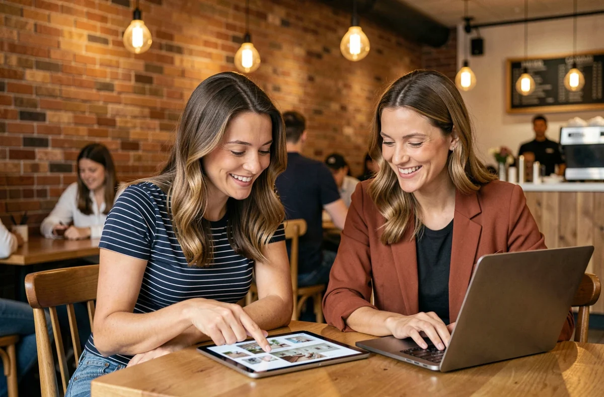 Deux femmes consultant en ligne une équipe de décoration pas chère depuis un café