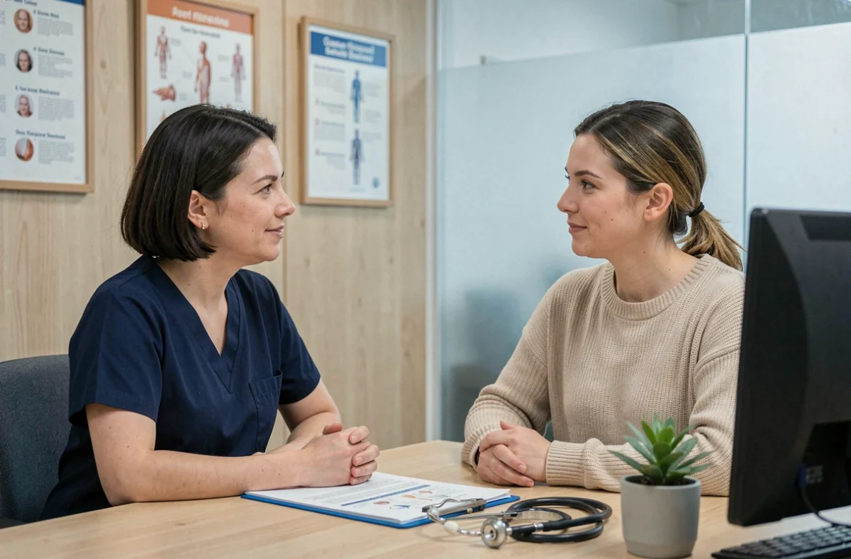 Consultation médicale entre une professionnelle de santé et une patiente dans un cabinet moderne et serein