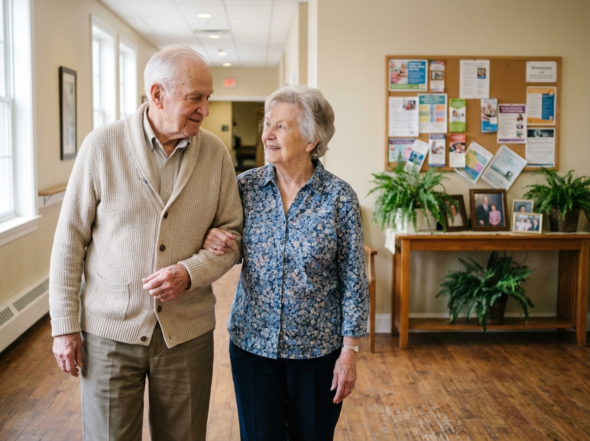 Couple senior marche dans un couloir lumineux de résidence
