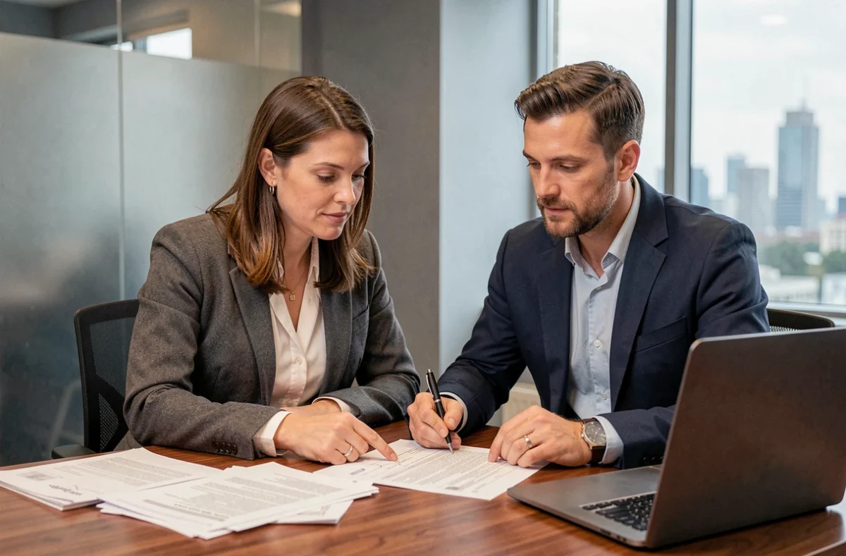 Couple examinant un contrat de crédit immobilier dans une agence bancaire moderne