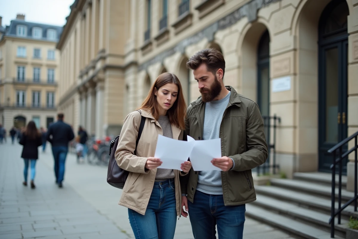 Couple consultant des documents devant une préfecture pour un recours après refus de logement social
