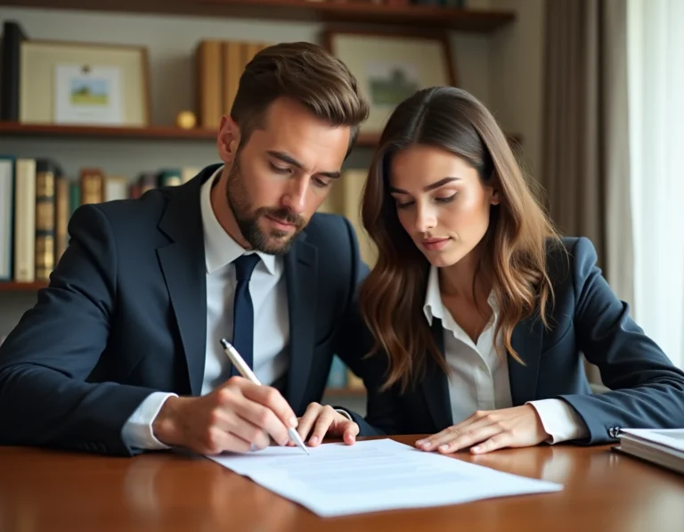 Couple signant un compromis de vente immobilière chez le notaire avec clause de taux d'intérêt