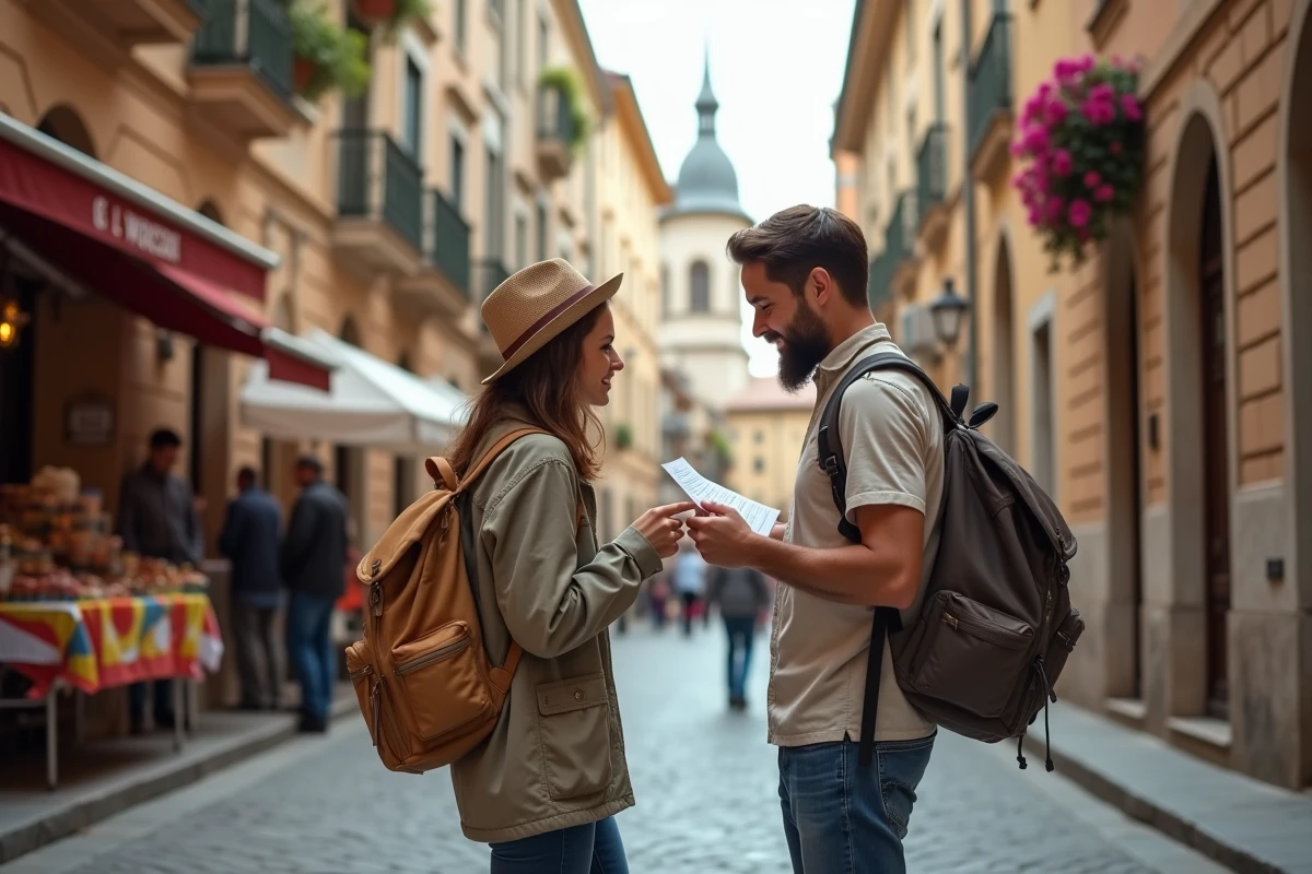 Couple explorant un marché local dans une vieille ville européenne lors de vacances personnalisées
