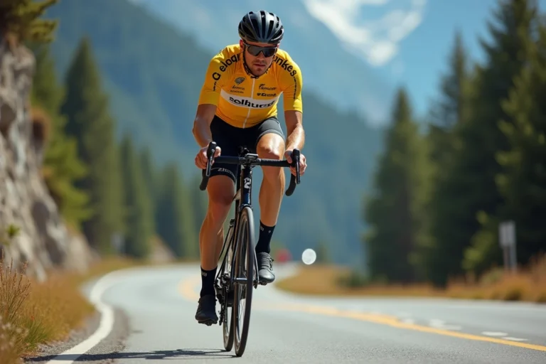 Cycliste professionnel portant le maillot jaune en train de gravir un col alpin lors d'un grand tour de cyclisme