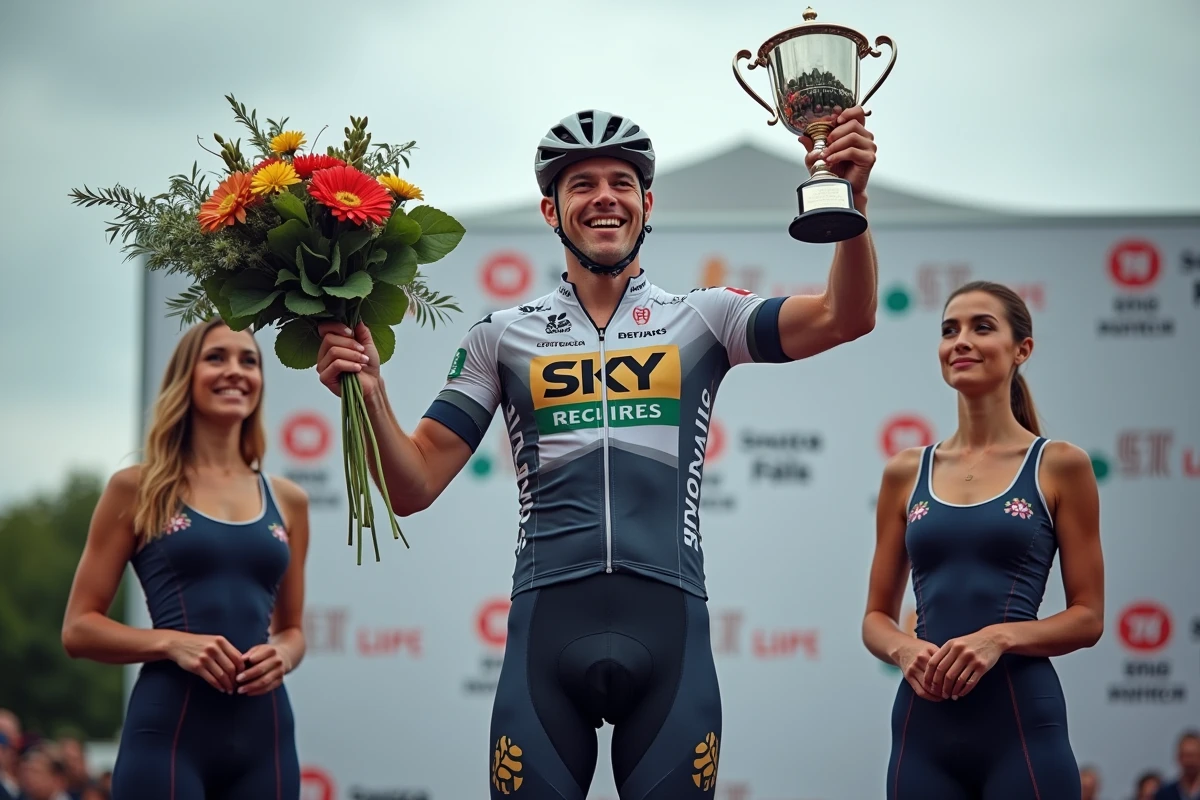 Cycliste vainqueur sur le podium d'un grand tour tenant un bouquet de fleurs avec une expression de joie authentique