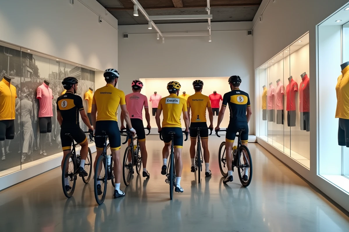 Groupe de cyclistes professionnels admirant des maillots historiques des trois grands tours dans un musée du cyclisme