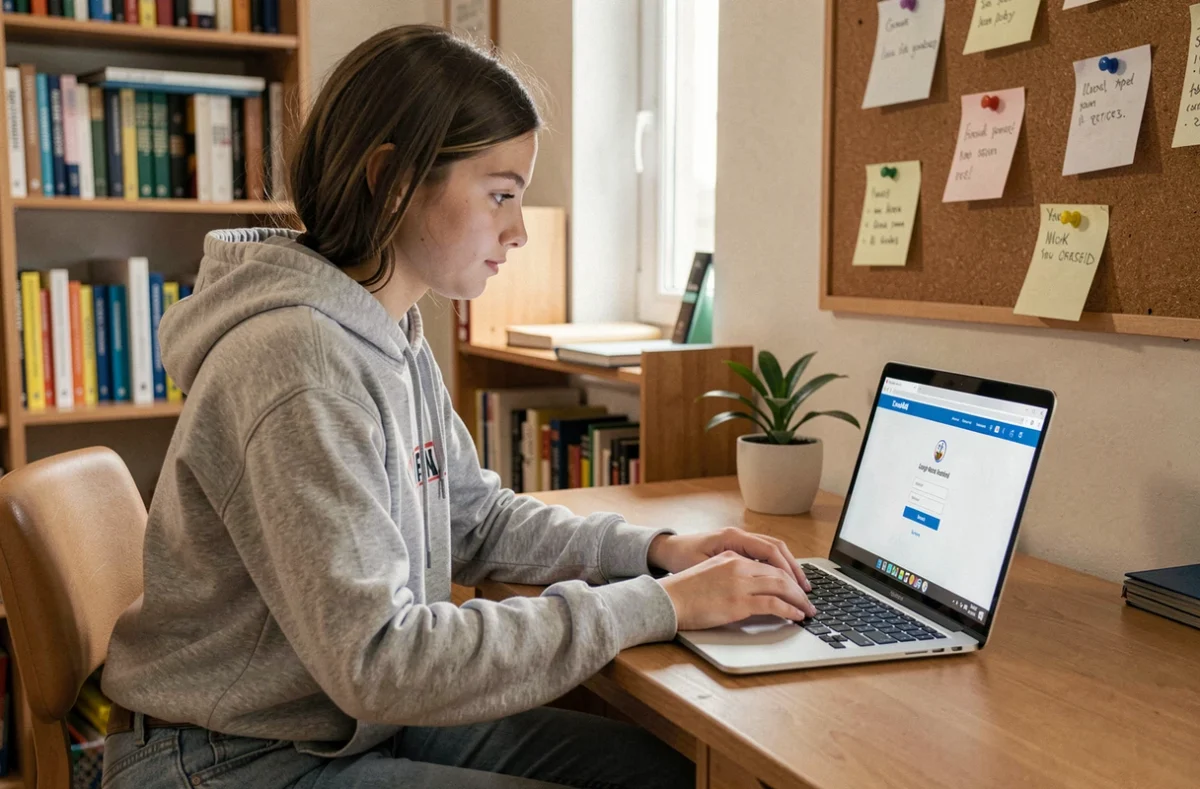 Élève adolescente connectée au portail scolaire Pronote sur un ordinateur portable dans sa chambre