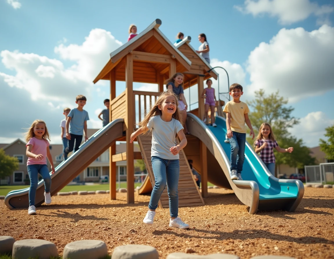 Enfants jouant sur une structure de jeu moderne en bois et acier dans une aire de jeux communautaire sécurisée avec revêtement en copeaux de bois