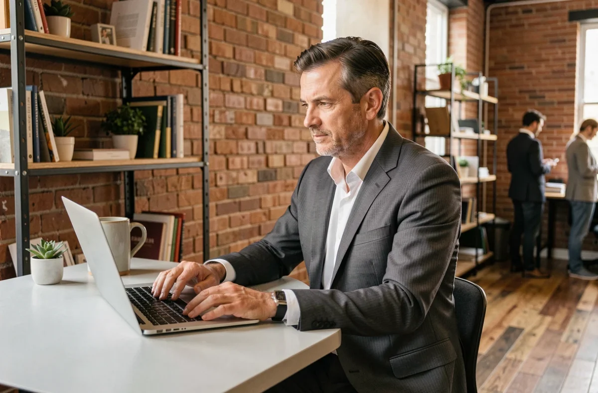 Entrepreneur masculin en costume gris travaillant sur un ordinateur portable dans un espace de coworking au style industriel, symbolisant les nouvelles tendances du monde des affaires