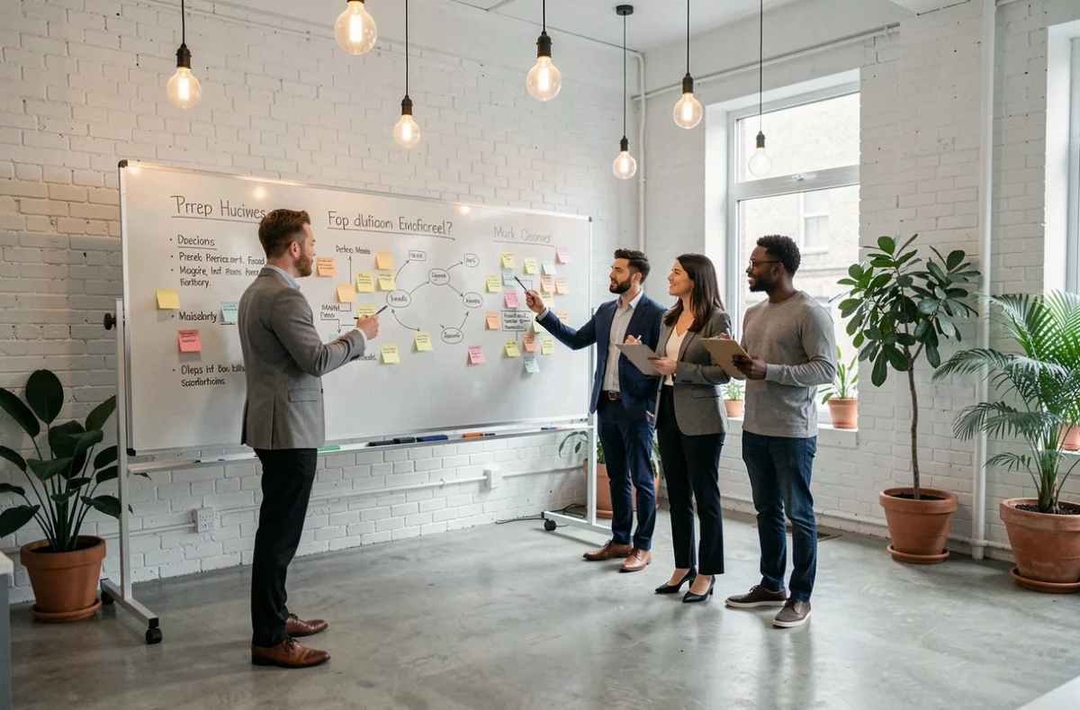 Équipe diversifiée de professionnels collaborant autour d'un tableau blanc avec des notes et schémas dans un bureau de type startup