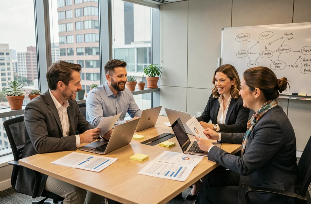Équipe de professionnels diversifiés réunis autour d'une table de réunion moderne pour une session de stratégie business, représentant la collaboration en entreprise contemporaine