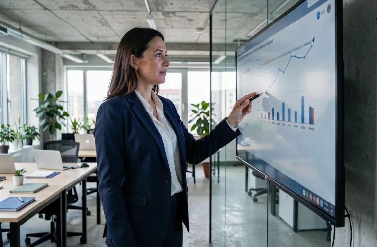 Femme cadre en blazer marine analysant des données sur un écran tactile dans un bureau moderne en open space, illustrant les tendances business actuelles