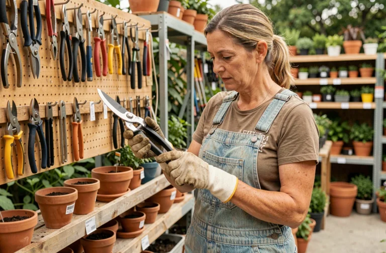 Femme choisissant un sécateur dans un magasin d'équipement de jardinage