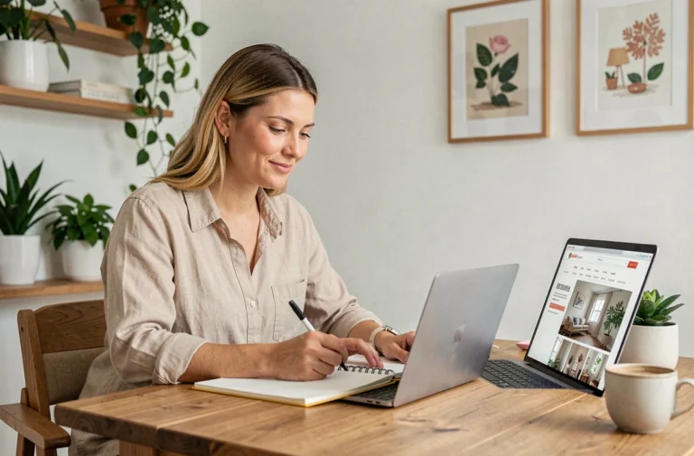 Femme contactant une équipe de décoration pas chère en ligne depuis son bureau à domicile
