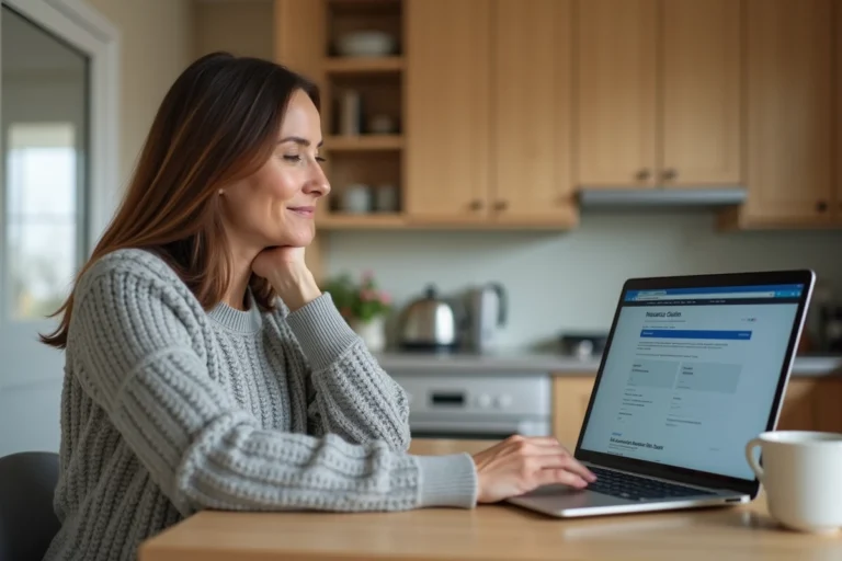 Femme utilisant un espace client en ligne pour suivre ses remboursements d'assurance sur un ordinateur portable à la maison