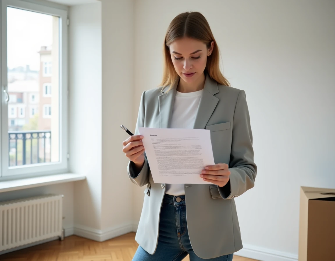 Femme lisant attentivement un contrat de bail dans un appartement vide avant la signature