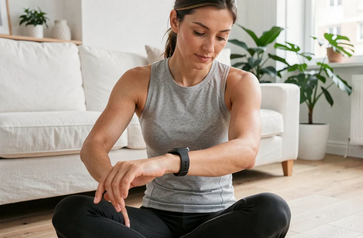 Femme consultant sa montre connectée pour suivre sa santé au quotidien dans un appartement lumineux