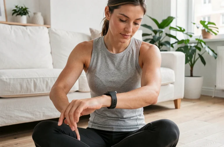 Femme consultant sa montre connectée pour suivre sa santé au quotidien dans un appartement lumineux