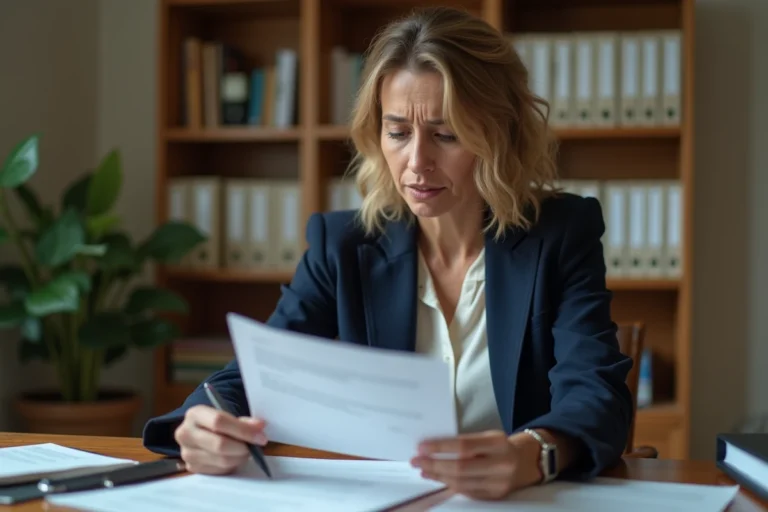 Femme lisant un courrier de refus de logement social à son bureau à domicile