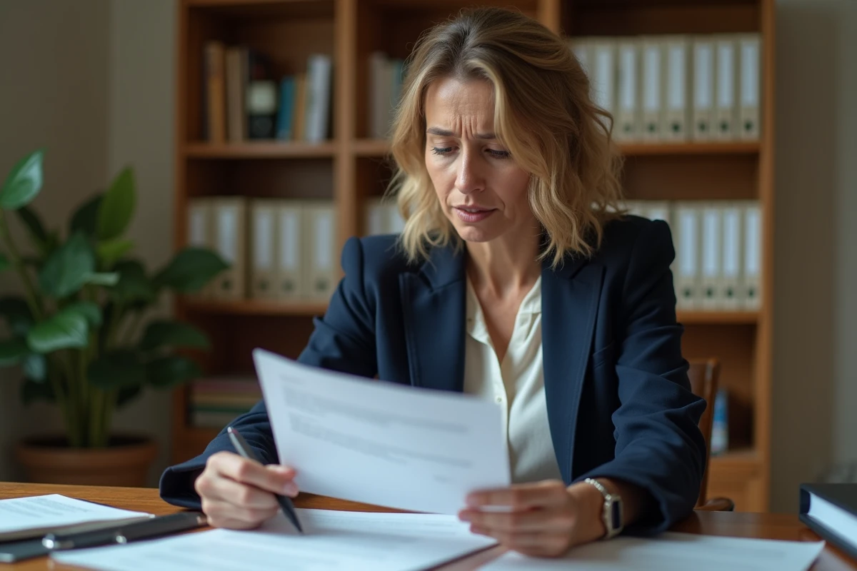 Femme lisant un courrier de refus de logement social à son bureau à domicile