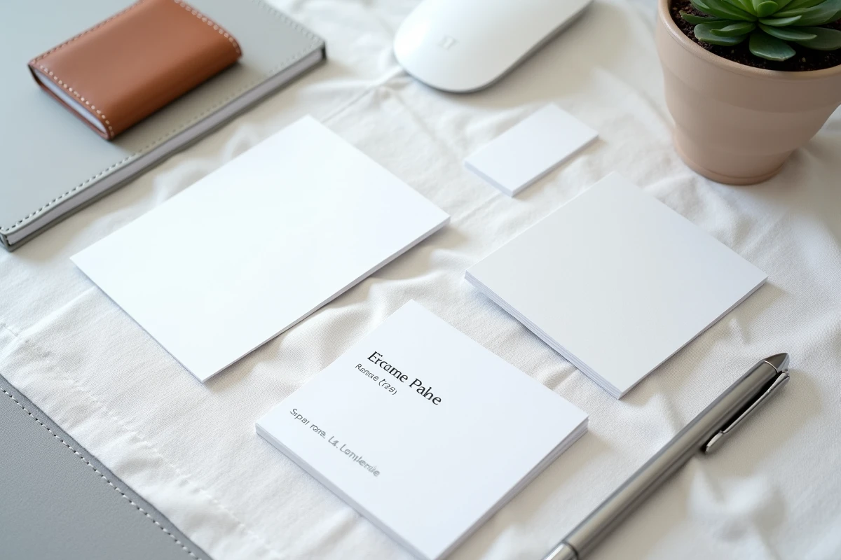 Vue de dessus de cartes de visite professionnelles avec numéro SIRET sur un bureau minimaliste