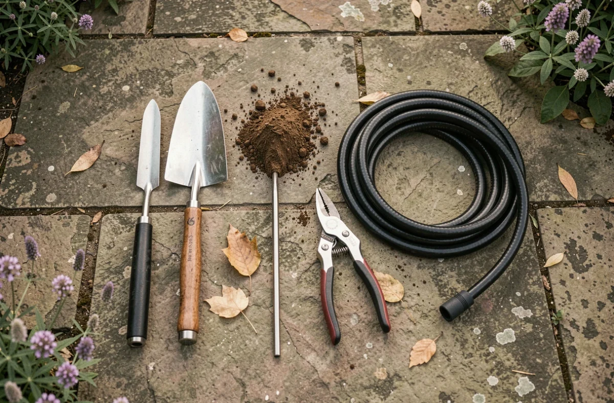 Vue du dessus des outils de jardinage essentiels sur une terrasse en pierre