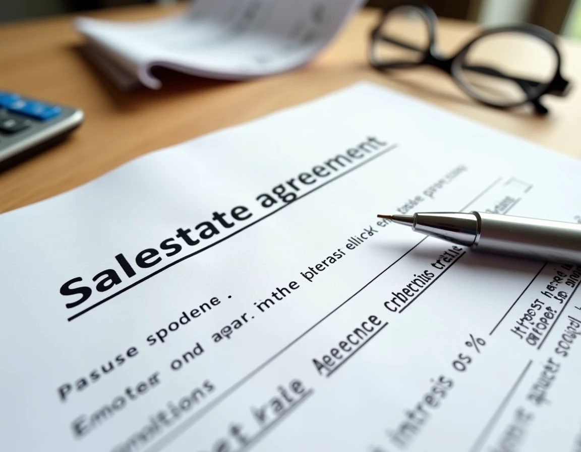 Gros plan sur un compromis de vente immobilière avec annotations de taux d'intérêt et calculatrice