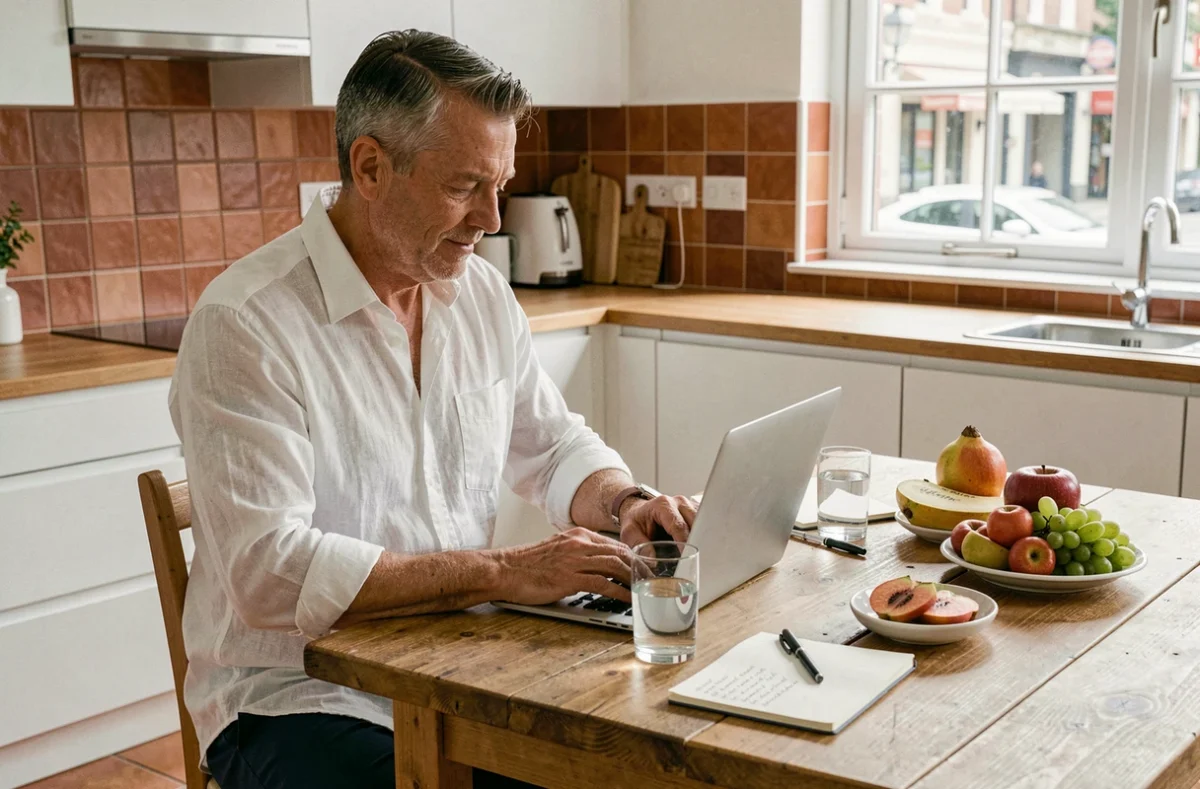 Homme analysant ses données de santé sur un ordinateur portable dans une cuisine moderne avec des fruits frais
