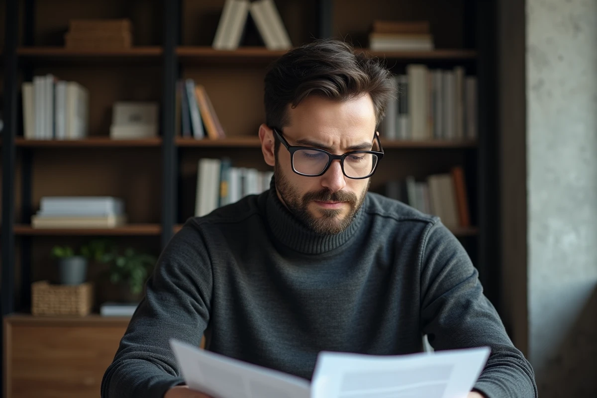 Homme en col roulé gris portant des lunettes de vue en titane à monture rectangulaire dans un bureau moderne minimaliste