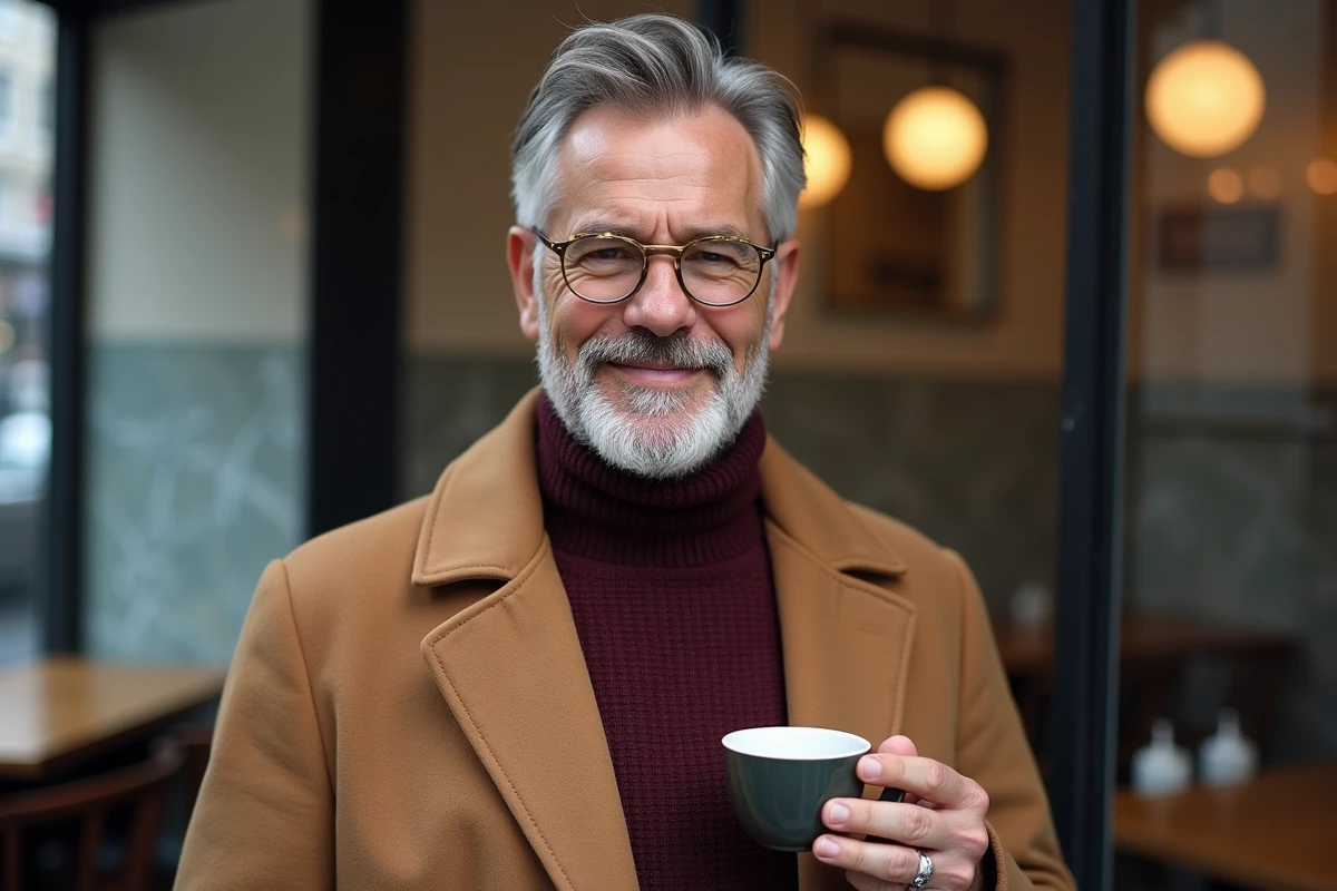 Homme distingué aux tempes grisonnantes portant des lunettes rondes à monture dorée dans un café urbain chic en automne
