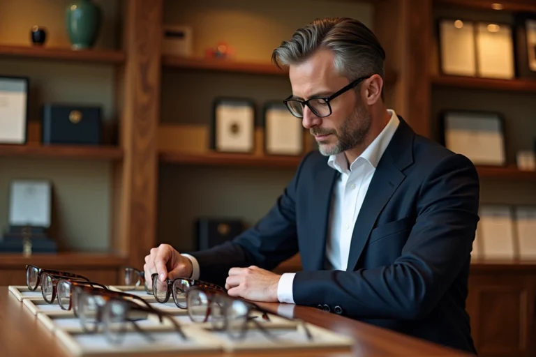 Homme élégant en blazer marine essayant des lunettes de vue de luxe en acétate écaille dans une boutique d'opticien haut de gamme