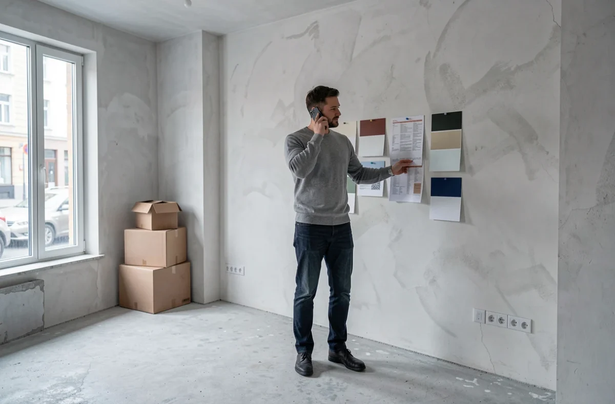 Homme contactant par téléphone une équipe de décoration intérieure pas chère pour un appartement à rénover