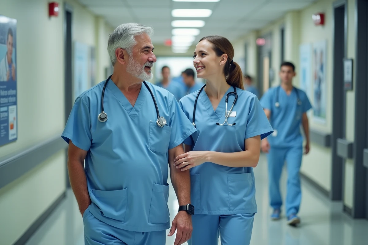 Infirmier senior et aide-soignante dans le couloir hospitalier