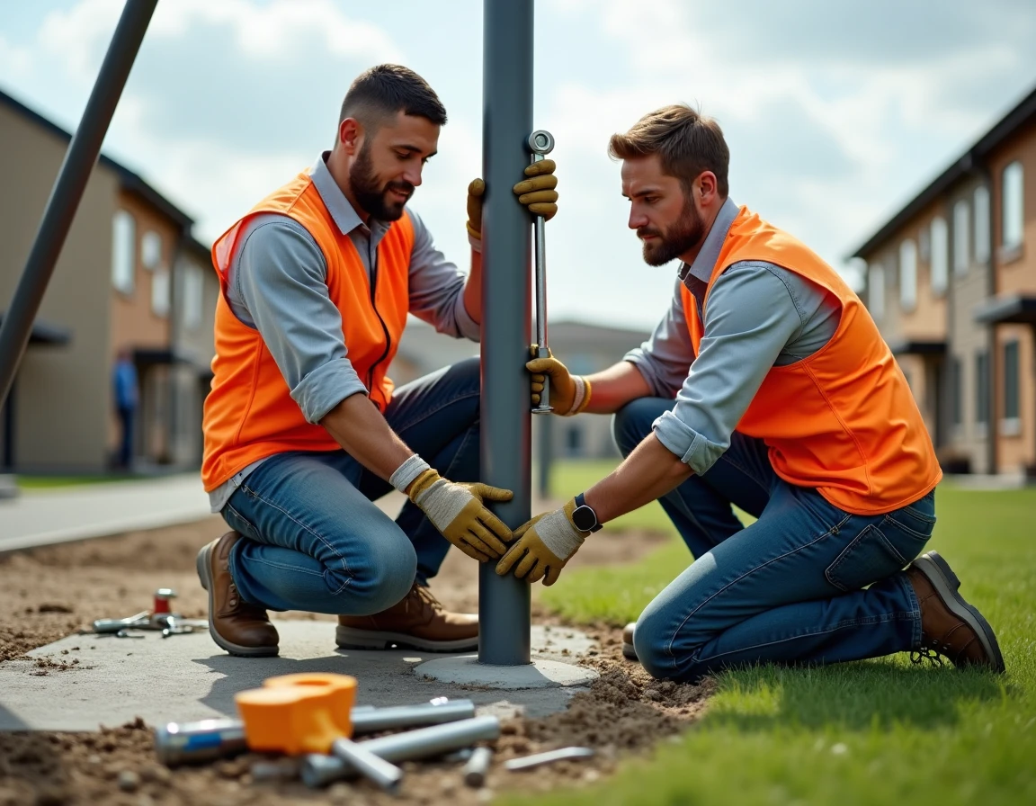 Deux agents municipaux en gilets orange installant une structure de balançoires en acier dans un parc résidentiel neuf, serrant les boulons de fixation