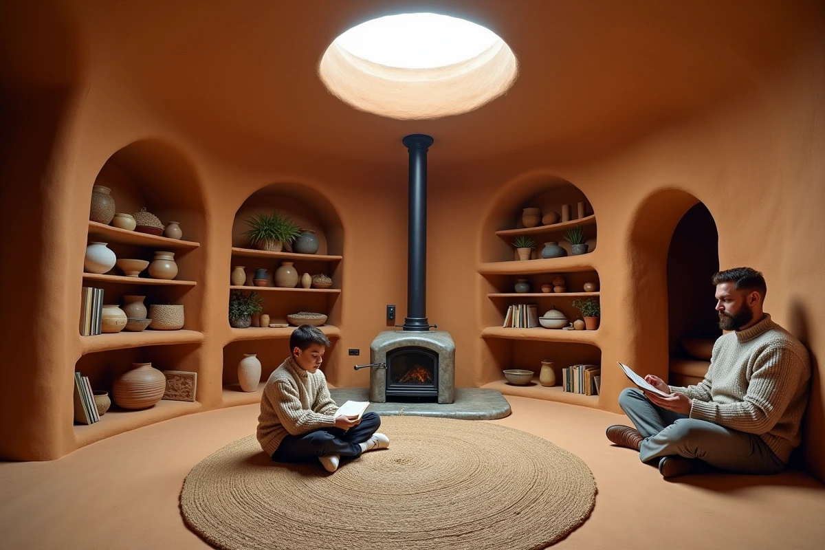 Intérieur d'une maison en cob avec murs sculptés en argile, poêle à bois et homme lisant sur un tapis en jute