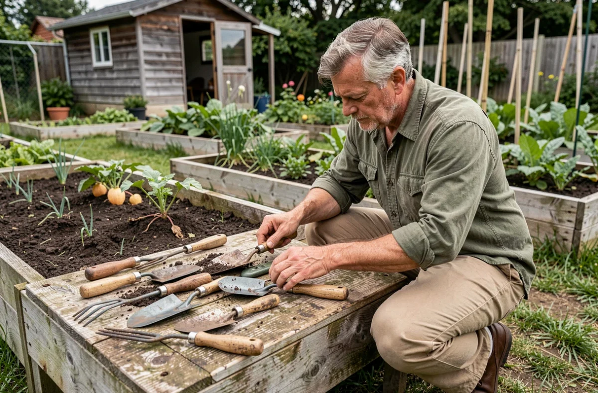 Jardinier organisant ses outils de jardinage dans un potager de jardin