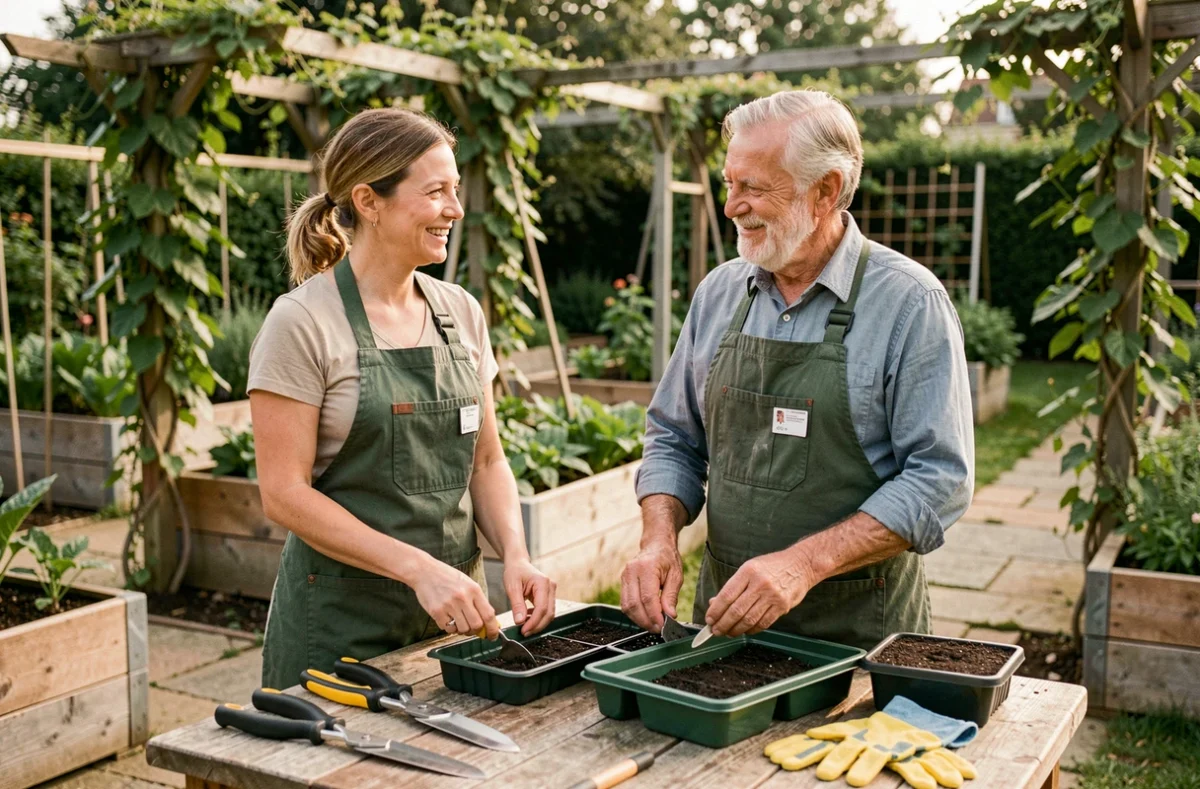 Deux jardiniers choisissant ensemble leur équipement de jardinage de saison devant un potager surélevé
