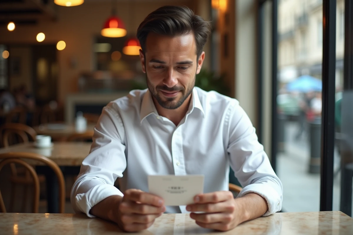 Homme d'affaires lisant attentivement une carte de visite avec numéro SIRET dans un café parisien