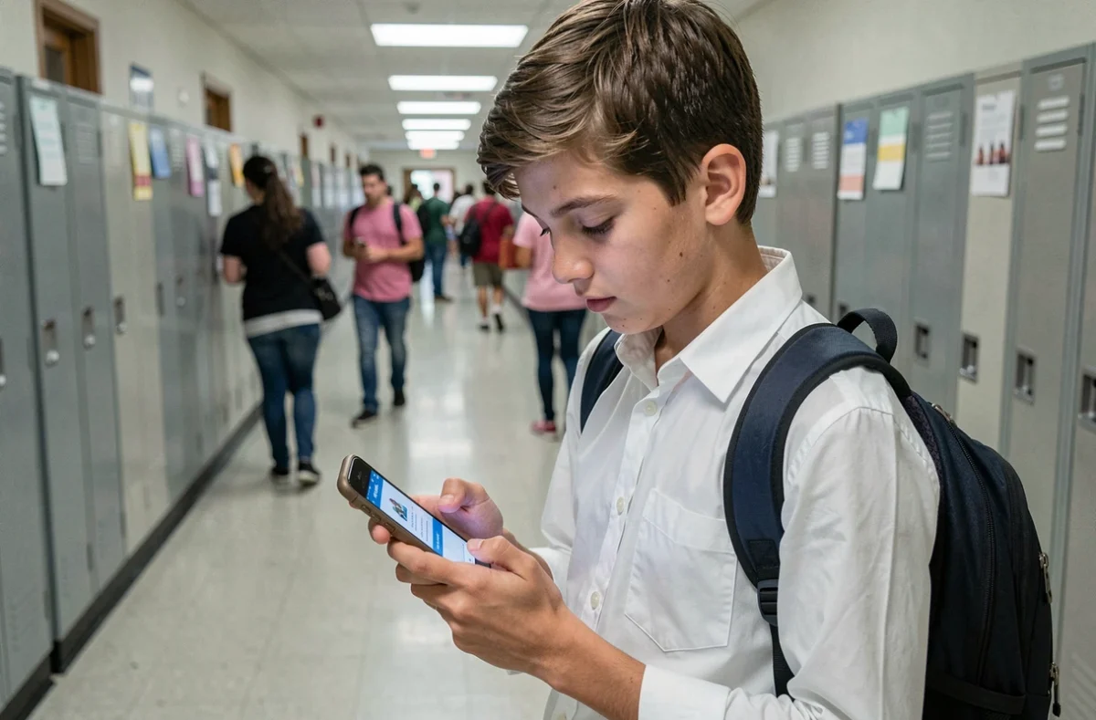 Lycéen consultant le portail Pronote sur son smartphone dans un couloir d'école