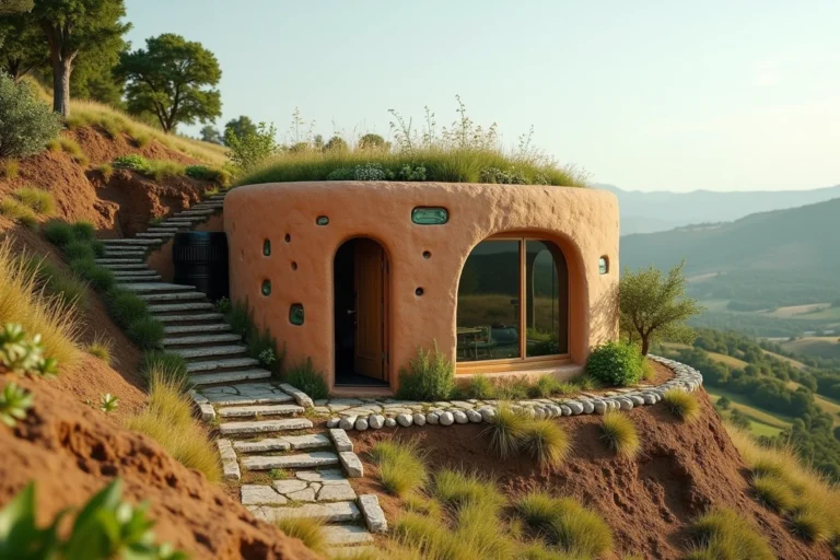 Maison earthship écologique construite dans une colline avec murs en adobe, bouteilles de verre recyclées et jardin sur le toit